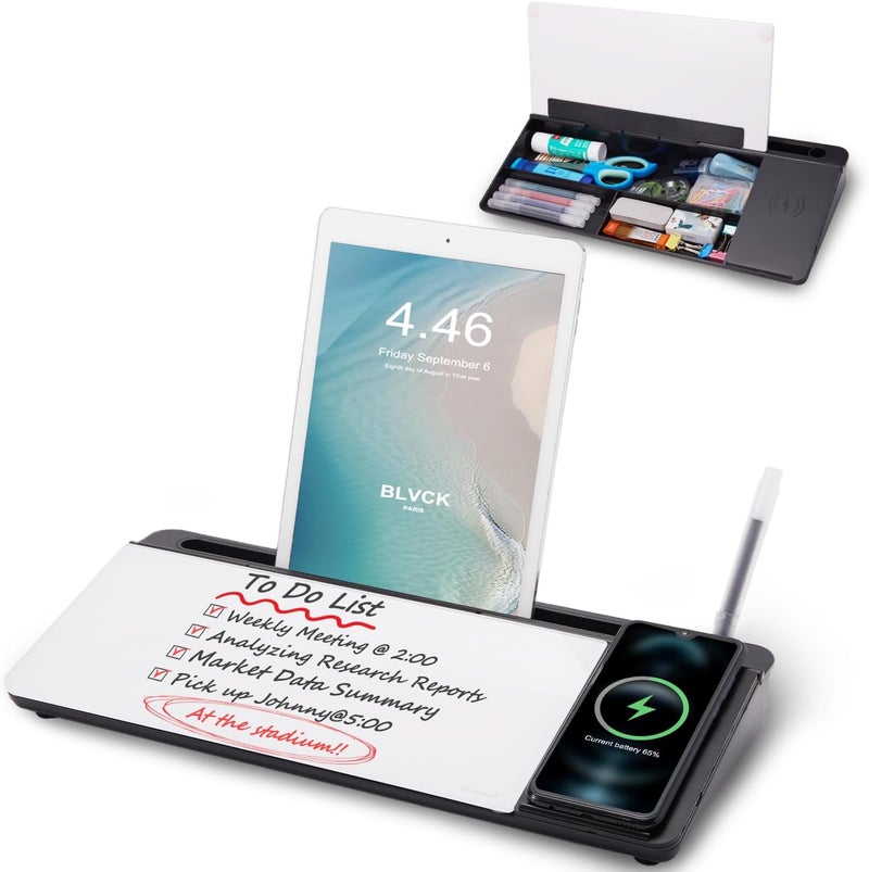 TSJ OFFICE Small Glass Desktop Whiteboard Dry-Erase-Board - Computer Keyboard Stand with Wireless Charger White Board Surface Pad with Drawer, Desk Organizers with Accessories for Office, Home, School Supplies - Image 1