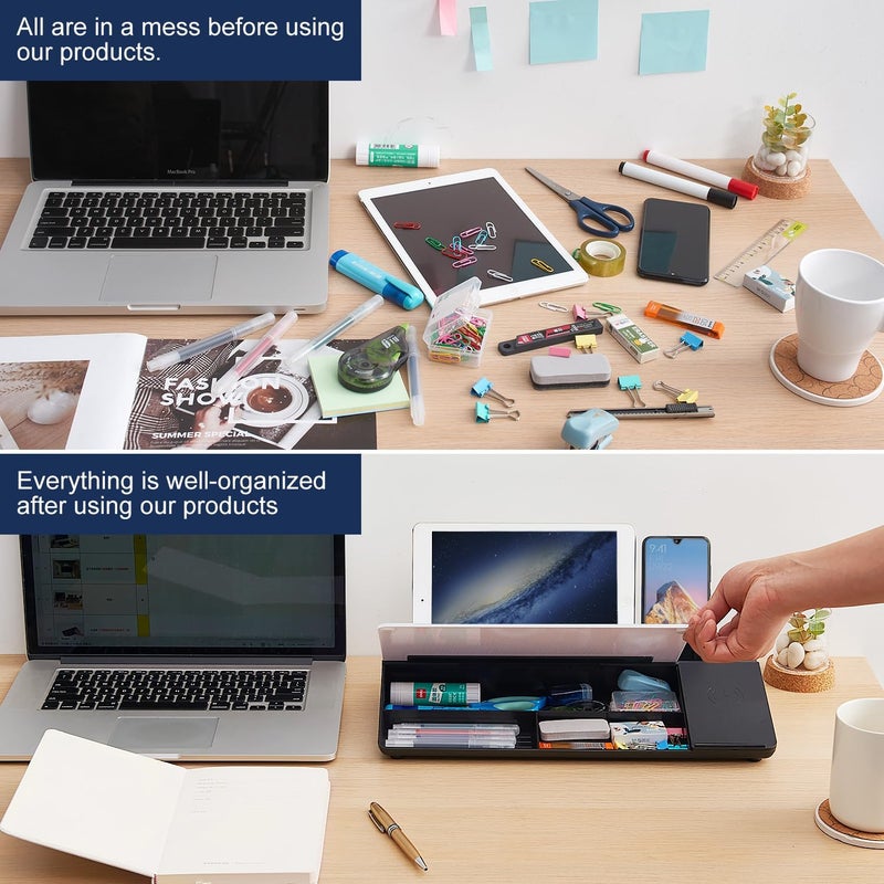 TSJ OFFICE Small Glass Desktop Whiteboard Dry-Erase-Board - Computer Keyboard Stand with Wireless Charger White Board Surface Pad with Drawer, Desk Organizers with Accessories for Office, Home, School Supplies - Image 3