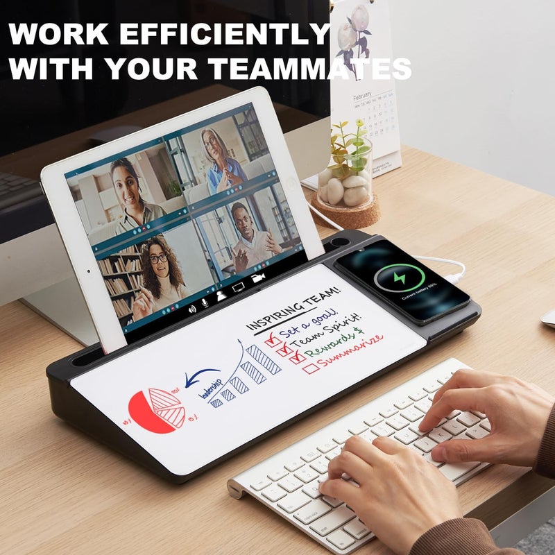 TSJ OFFICE Small Glass Desktop Whiteboard Dry-Erase-Board - Computer Keyboard Stand with Wireless Charger White Board Surface Pad with Drawer, Desk Organizers with Accessories for Office, Home, School Supplies - Image 2