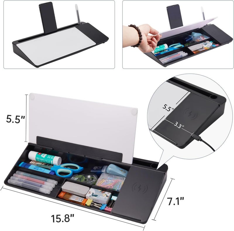 TSJ OFFICE Small Glass Desktop Whiteboard Dry-Erase-Board - Computer Keyboard Stand with Wireless Charger White Board Surface Pad with Drawer, Desk Organizers with Accessories for Office, Home, School Supplies - Image 4