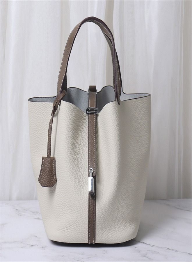 Loquat Litchi Grain Top Layer Cow Skin Bucket Bag Milk White  - Image 1