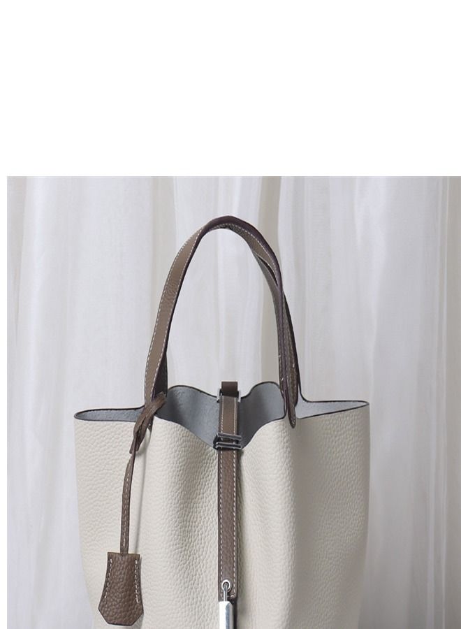 Loquat Litchi Grain Top Layer Cow Skin Bucket Bag Milk White  - Image 2