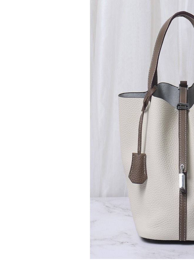 Loquat Litchi Grain Top Layer Cow Skin Bucket Bag Milk White  - Image 3