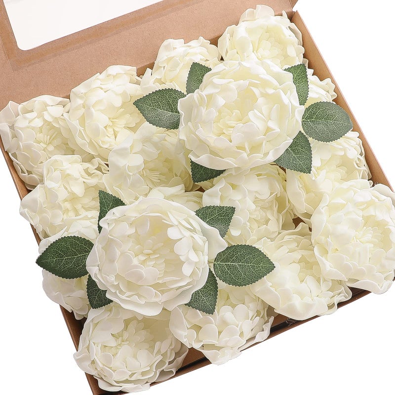 Floroom Artificial Flowers 16pcs 4 Ivory Blooming Peonies Real Looking Foam Fake Peony with Stems for DIY Wedding Bouquets Bridal Shower Centerpieces Floral Arrangements Party Tables Home Decorations