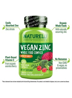 NATURELO Vegan Zinc Whole Food Complex With Vitamin C Dietary Supplement Formulated To Support Immune Function And Skin Health 120 Vegetarian Capsules  - Image 4