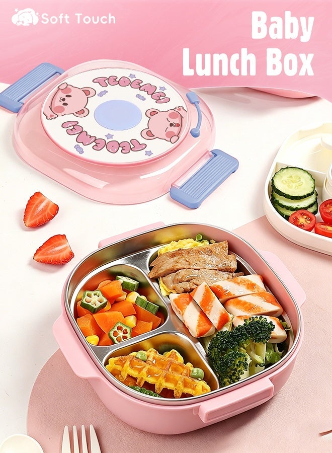 Soft Touch 300ml Stainless Steel Baby Lunch Box, Kids Tiffin Box, Toddler Bento Box with Cutlery, Leakproof Baby Food Container, School Lunch Box with Lock Clips (Pink) - Image 1