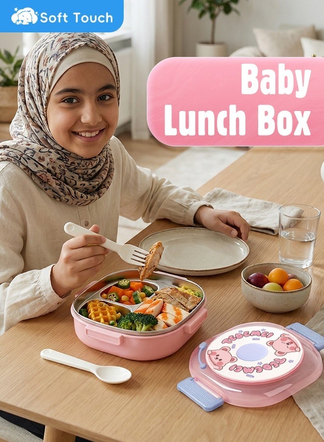 Soft Touch 300ml Stainless Steel Baby Lunch Box, Kids Tiffin Box, Toddler Bento Box with Cutlery, Leakproof Baby Food Container, School Lunch Box with Lock Clips (Pink) - Image 2