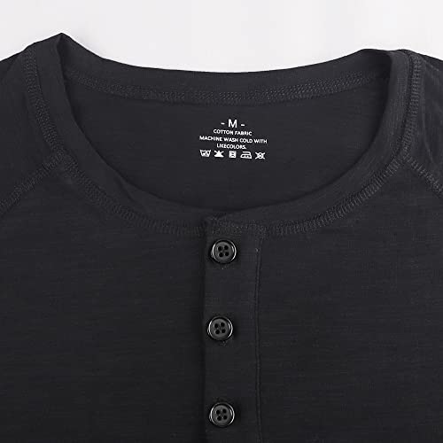 palglg Mens Regular-fit Henley T-Shirt Long-Sleeve with 3 Buttons Placket Slub Vintage Cotton Black S - Image 2