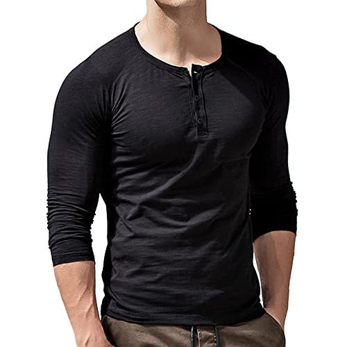 palglg Mens Regular-fit Henley T-Shirt Long-Sleeve with 3 Buttons Placket Slub Vintage Cotton Black S - Image 1