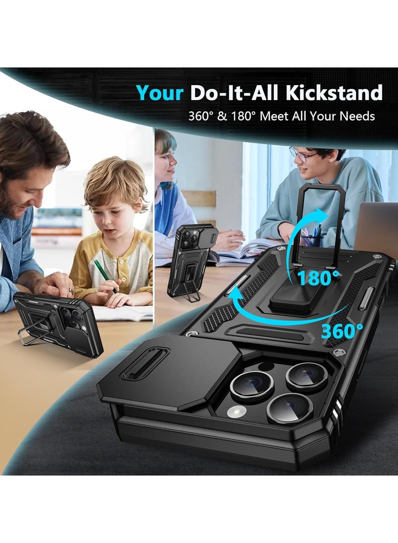 iPhone 15 Case with Built-in Sliding Camera Case, Screen Protector and Swivel Ring Bracket, Shock Protection Phone Case for iPhone 15 (6.1 inches), Black - Image 4