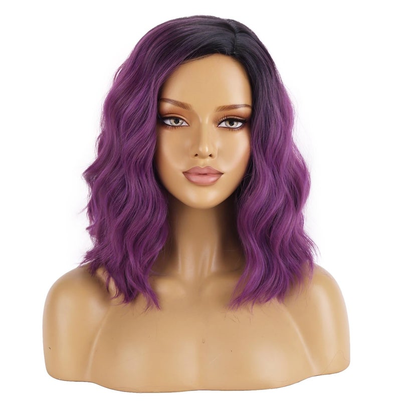 BERON Black Purple 14 Women Girls Short Curly Wavy Wig Ombre Taro Purple Body Wave Halloween Cosplay Daily Party Wigs