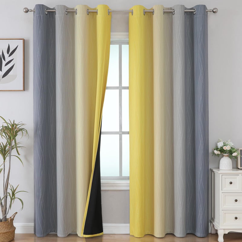 Estelar Textiler Grey and Yellow Blackout Curtains 84 Inch Length 2 Panels Set, Blackout Curtains for Living Room, Thermal Insulated Gradient Drapes, Light Blocking Ombre Curtains for Boys Bedroom, 52W x 84L Inches - Image 2
