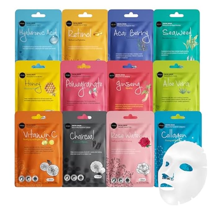 Celavi Cosmetics celavi Face Mask Set Korean Beauty Essence Facial Paper Sheet Mask Korea Skin Care Moisturizing 12 New flavors K-Beauty Skincare 12 masks in a pack Made in Korea - Image 1