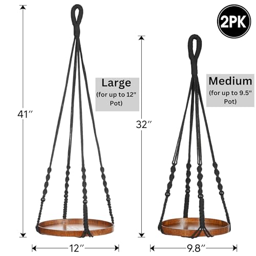 Shineloha 2 Pack Macrame Plant Hanger | Plant Hanger Indoor, Hanging Planter Shelf | Hanging Planter (Black) (1 Large + 1 Medium) - Image 5