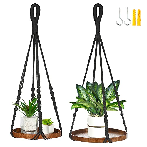 Shineloha 2 Pack Macrame Plant Hanger | Plant Hanger Indoor, Hanging Planter Shelf | Hanging Planter (Black) (1 Large + 1 Medium) - Image 1