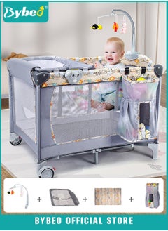 Bybeo 4-in-1 Baby Crib, Babies Bed and Bassinet with Changing Table, Adjustable Travel Cribs and Nursery Center, Portable Playard with Comfortable Mattress, Large Capacity Storage Shelf and Toys  - Image 1