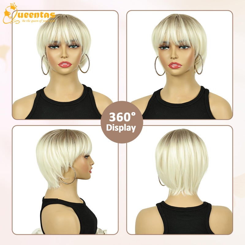 QUEENTAS Short Blonde Wig with Bangs Layered Short Pixie Cut Wigs for White Women Synthetic Hair (Platinum Blonde Mixed Light Brown Dark Root) - Image 5