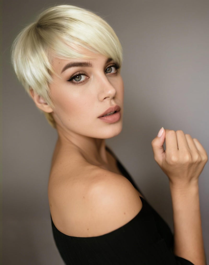 QUEENTAS Short Blonde Wig with Bangs Layered Short Pixie Cut Wigs for White Women Synthetic Hair (Platinum Blonde Mixed Light Brown Dark Root) - Image 1