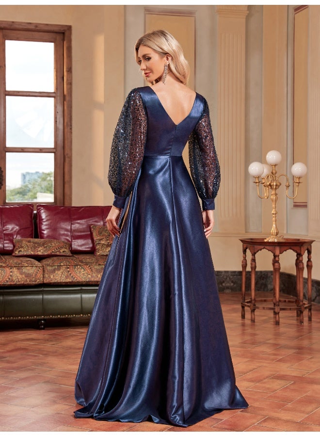 Madam Uniq Navy Blue Satin Ball Gown with Sheer Sequin Sleeves and V - Neck - Image 2