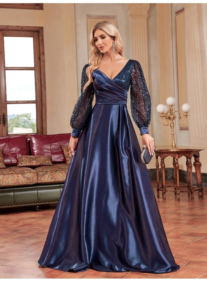 Madam Uniq Navy Blue Satin Ball Gown with Sheer Sequin Sleeves and V - Neck - Image 1