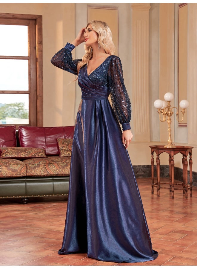 Madam Uniq Navy Blue Satin Ball Gown with Sheer Sequin Sleeves and V - Neck - Image 5