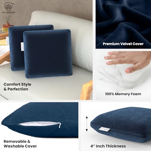 MY ARMOR Memory Foam Square Cushion for Car, Sofa/Diwan, Bed, Chair & Decoration | Highly Durable, Hypoallergenic | Velvet Cover | Navy Blue, Pack of 2 [12"x 12" x 4"] - Image 2