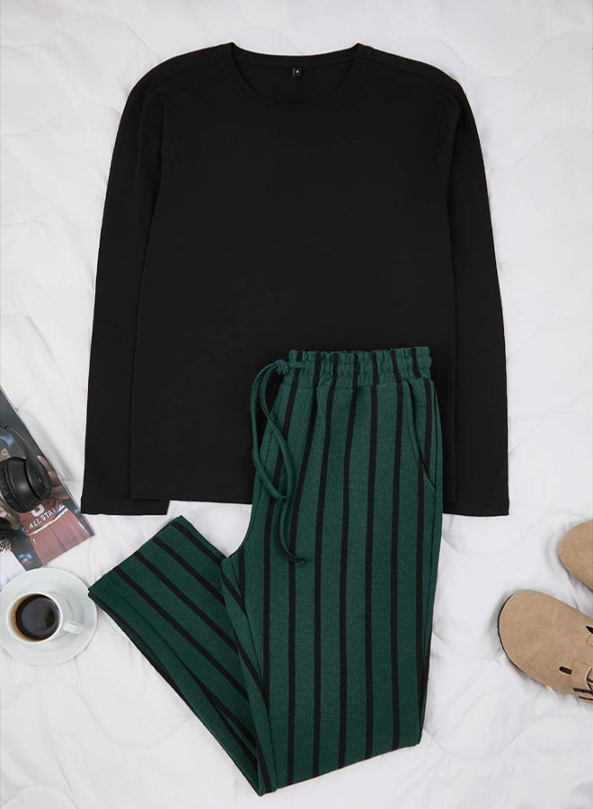 trendyol BlackGreen Regular Fit Striped Textured Knitted Pajama Set - Image 1