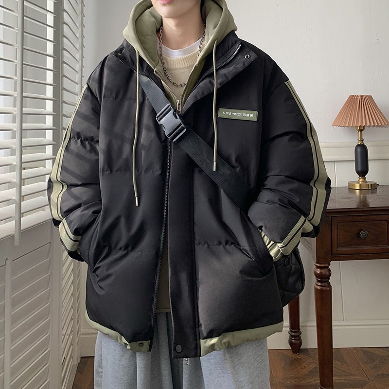 American Style Two-Piece Illusion Cotton-Padded Jacket Blazer For Men Autumn Winter 2024 New Teenage School Campus Style Color B Black insert green 