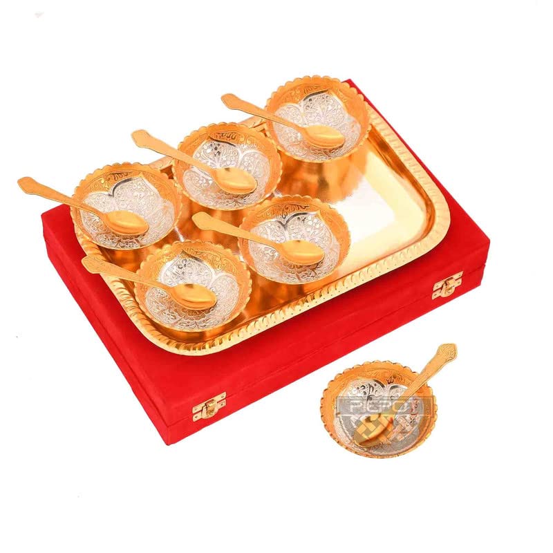 Piepot Solid German Silver Bowl Set | Flower Design | 6 Bowl, 6 Spoons,1Tray | Gold-Silver Plated | Decorative Bowl and Spoon Set | Ideal for Diwali, Wedding & Corporate Gifting - Image 5