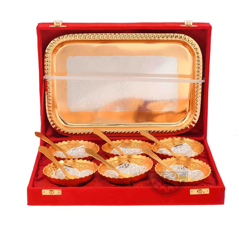 Piepot Solid German Silver Bowl Set | Flower Design | 6 Bowl, 6 Spoons,1Tray | Gold-Silver Plated | Decorative Bowl and Spoon Set | Ideal for Diwali, Wedding & Corporate Gifting - Image 1