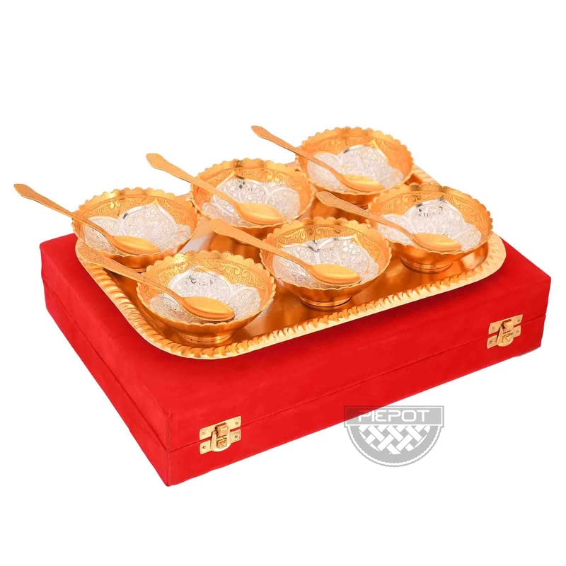 Piepot Solid German Silver Bowl Set | Flower Design | 6 Bowl, 6 Spoons,1Tray | Gold-Silver Plated | Decorative Bowl and Spoon Set | Ideal for Diwali, Wedding & Corporate Gifting - Image 4