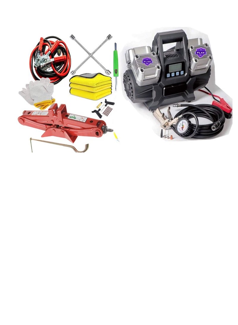 California formula-T California Dual Cylinder Car Air Compressor Ultra Extreme 4x4,300 L/M 150 PSI Include Car Jack 1.5 Ton Booster Cable 500Amp 2.5 Mtr Deflator Cleaning Towels 3pcs 40x40cm & Gloves, Carry Bag Combo Pack  - Image 1