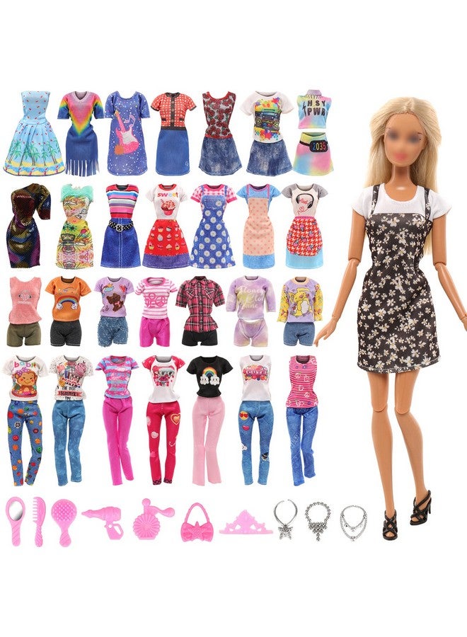 Barwa BARWA 18 Pack Doll Clothes and Accessories Including 4 Fashion Dresses 4 Sets Casual Outfits Tops and Trousers, Shorts 10 Bag Crown Necklace for 11.5 inch Girl Dolls…  - Image 2