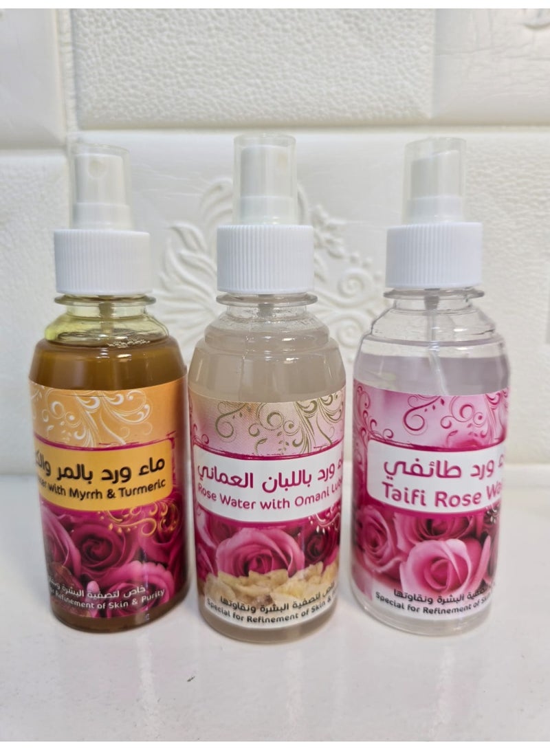 مجموعة العناية ماء ورد باللبان العماني250 مل -ماء ورد طائفي250 مل-وماء ورد بالمر والكركم250 مل