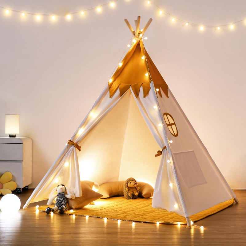 Besrey Toddler Teepee With Padded Mat and Lights Kids Indoor Play Tent Large Canvas Cotton Tipee for Children