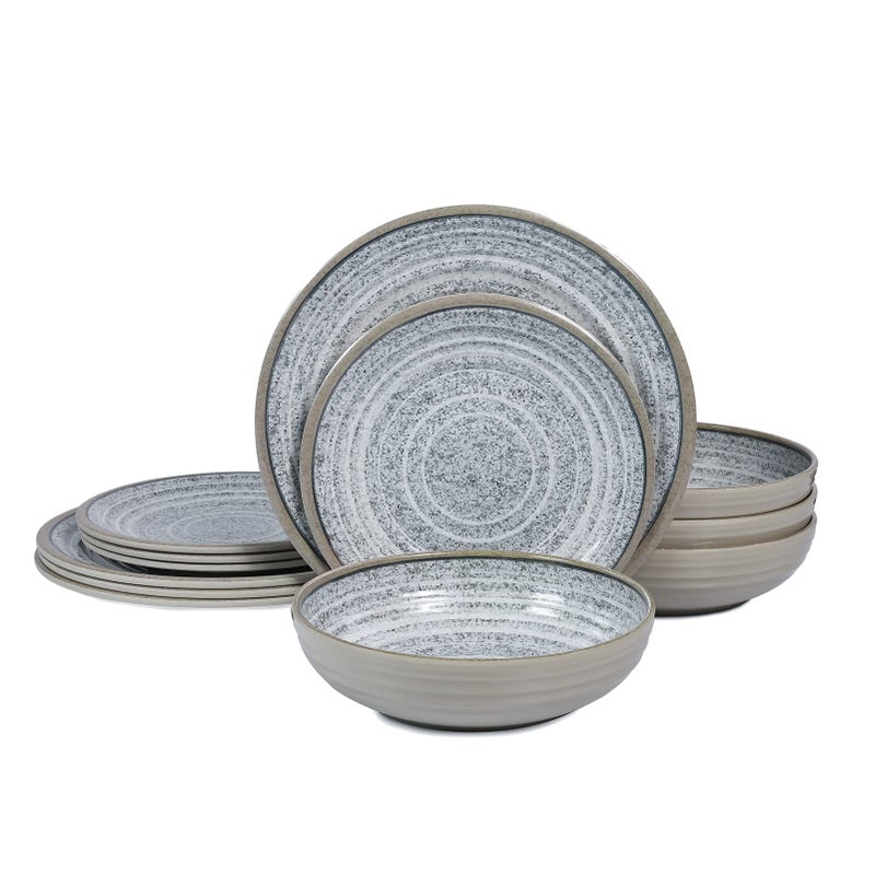 Gofunfun Melamine Dinnerware Sets 12 PCS Service for 4 Plates Bowls Sets Dishwasher TopShelf Safe BPA Free Dinner Dishes Set for Everyday UseGranite Pattern Gray - Image 1