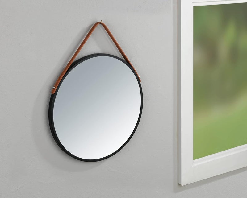 Wenko Borrone Round Wall Mirror with Black Metal Frame and Hanging Strap Decorative Mirror in Vintage Design Glass/Metal Diameter 40 cm Black - Image 4