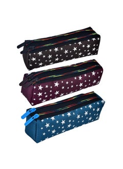 Kuber Industries Kuber Industries Pencil Pouch|Rexine Stationary Pouch|Pencil Utility Pouch|School Pencil Case for Kids|2 Zipper Pencil Organizer|Star Pencil Pouch|Pack of 3|Multi  - Image 1