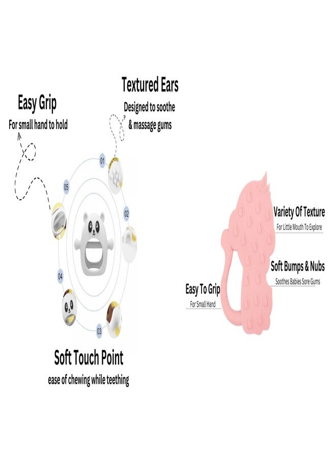 Rukan 2-Pack Never Drop Panda Teether - Monkey Multi-Textured Surface for Babies 3-12 Months, Easy-Grip Sensory Toy (White & Pink) - Image 3