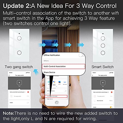 MoesGo WiFi Smart Wall Light Switch,Glass Panel, Multi-Control(3 Way), 2.4GHz Wi-Fi Touch Switches, Neutral Wire Required, Remote Control Smart Life/Tuya App, Work with Alexa, Google Home White 2 Gang - Image 4