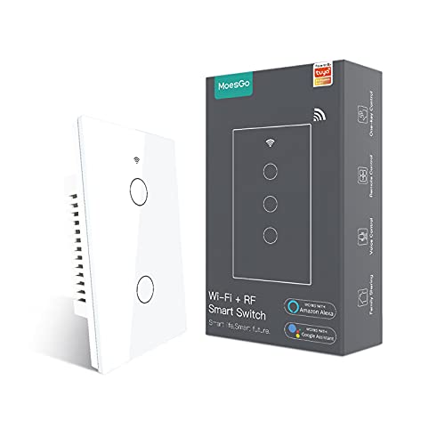 MoesGo WiFi Smart Wall Light Switch,Glass Panel, Multi-Control(3 Way), 2.4GHz Wi-Fi Touch Switches, Neutral Wire Required, Remote Control Smart Life/Tuya App, Work with Alexa, Google Home White 2 Gang - Image 1