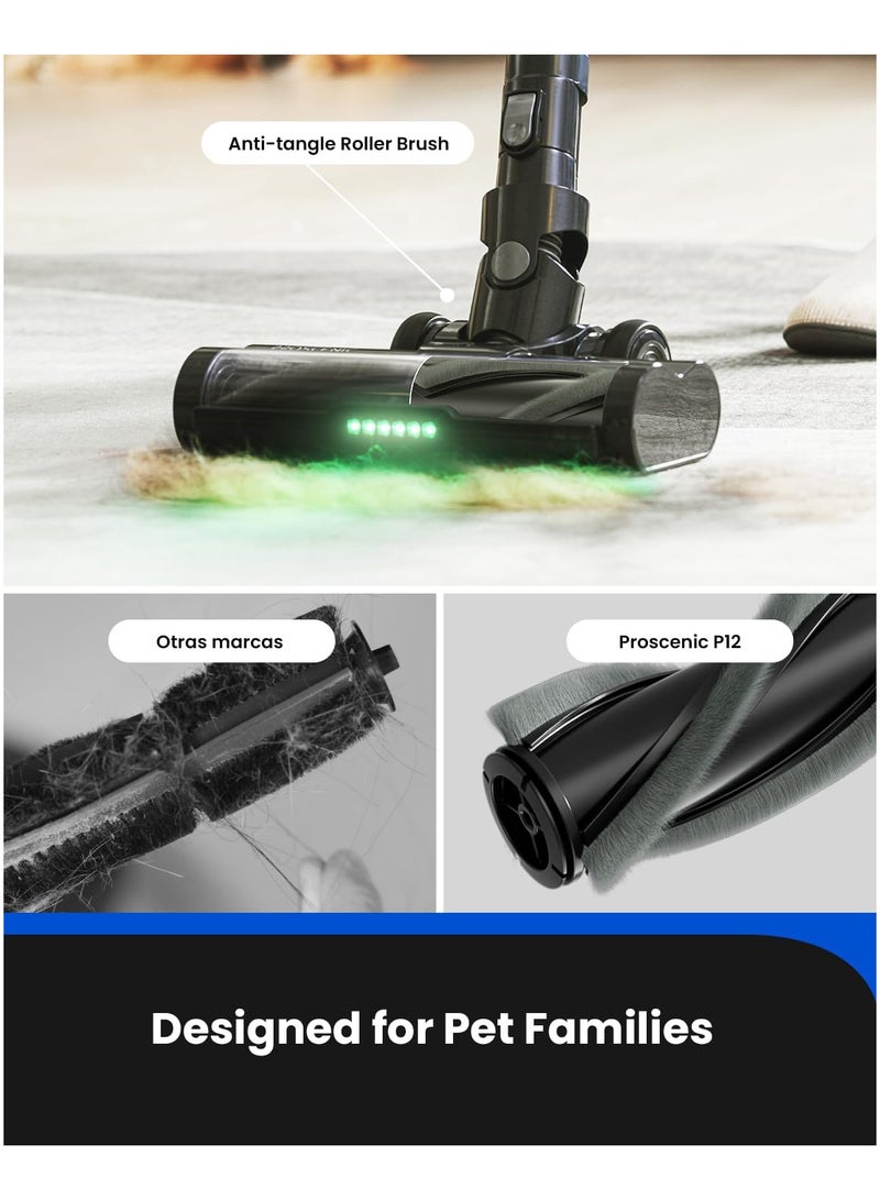 Proscenic P12 Cordless Vacuum Cleaner, 33Kpa Stick Vacuum Cleaner, Green LED Headlights, Anti-Hair-Tangle Brush, Powerful Cordless Hoover with Touch Display, 60min Runtime, Deep Clean for Pet Hair - Image 3