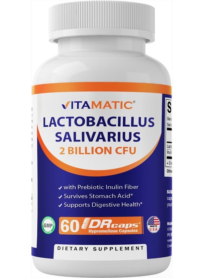Vitamatic Lactobacillus Salivarius 2 Billion per DR Capsule - 60 Count - Digestive Support - Made with Prebiotic Inulin Fiber (1 Bottle) - Image 1