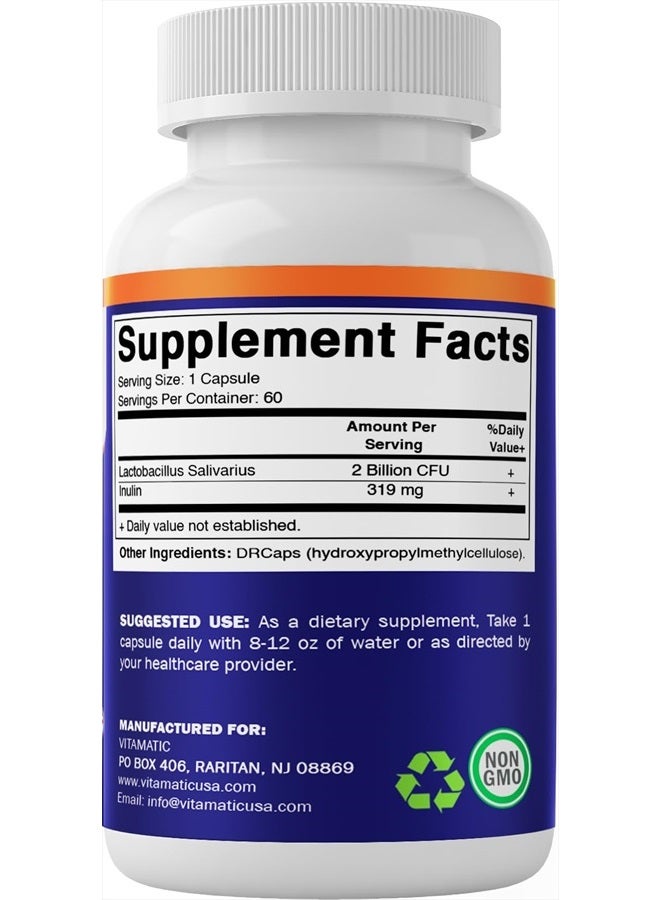Vitamatic Lactobacillus Salivarius 2 Billion per DR Capsule - 60 Count - Digestive Support - Made with Prebiotic Inulin Fiber (1 Bottle) - Image 5