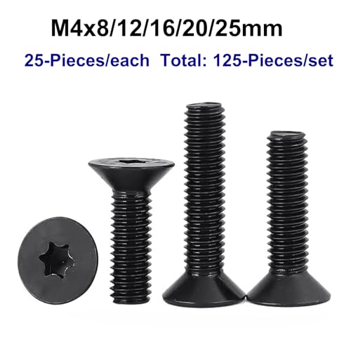 HanTof 125Pcs Flat Head Torx Drive Screws Bolts, Grade 10.9 Alloy Steel, M4 x 8/12/16/20/25mm CSK Head Star Drive Machine Screws Set with T20 Wrench, Black Oxide Finish, Fully Threaded Pitch : 0.7 mm - Image 5