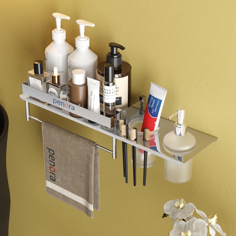 PENORA Penora Stainless Steel 4 in1 Multipurpose Bathroom Shelf Steel Rack and Towel Rod with Glass Tumbler Holder - Liquid Soap Dispenser for Bathroom Accessories (Chrome Finish, Pack of 1)  - Image 1