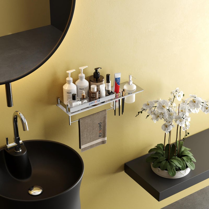 PENORA Penora Stainless Steel 4 in1 Multipurpose Bathroom Shelf Steel Rack and Towel Rod with Glass Tumbler Holder - Liquid Soap Dispenser for Bathroom Accessories (Chrome Finish, Pack of 1)  - Image 2