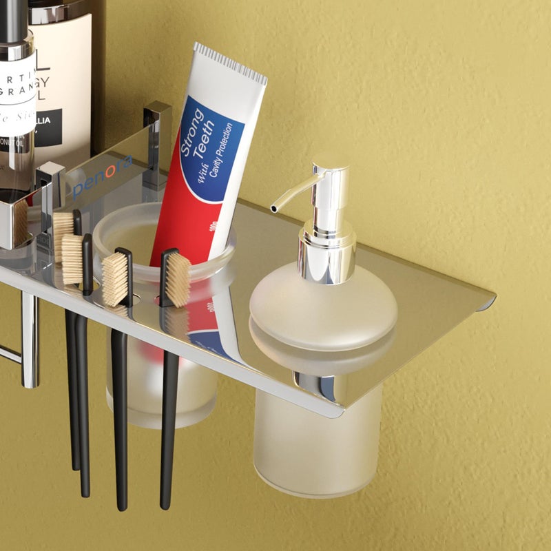 PENORA Penora Stainless Steel 4 in1 Multipurpose Bathroom Shelf Steel Rack and Towel Rod with Glass Tumbler Holder - Liquid Soap Dispenser for Bathroom Accessories (Chrome Finish, Pack of 1)  - Image 4
