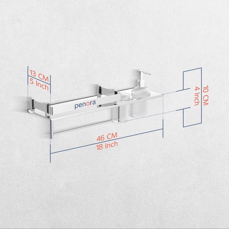 PENORA Penora Stainless Steel 4 in1 Multipurpose Bathroom Shelf Steel Rack and Towel Rod with Glass Tumbler Holder - Liquid Soap Dispenser for Bathroom Accessories (Chrome Finish, Pack of 1)  - Image 5
