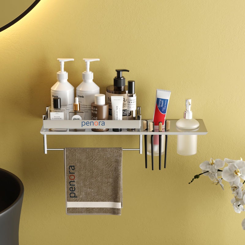 PENORA Penora Stainless Steel 4 in1 Multipurpose Bathroom Shelf Steel Rack and Towel Rod with Glass Tumbler Holder - Liquid Soap Dispenser for Bathroom Accessories (Chrome Finish, Pack of 1)  - Image 3